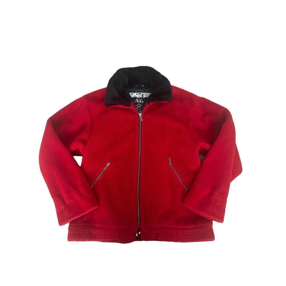 Nils Vintage Fleece Faux Fur Bomber Jacket Coat Red Zip Up Women’s Size Small